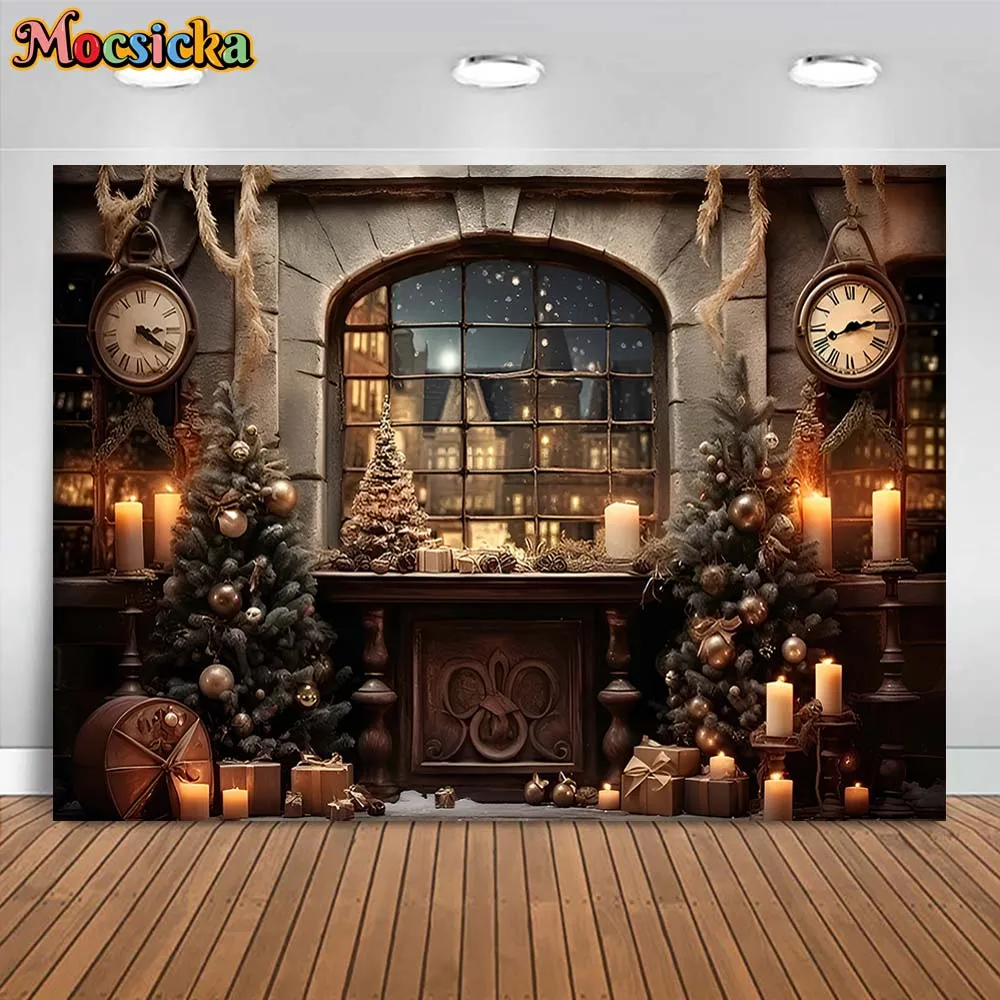 Mocsicka Christmas Photography Backdrop Xmas Tree Candle Window Night View Women Birthday Party Photo Background Photocall Props