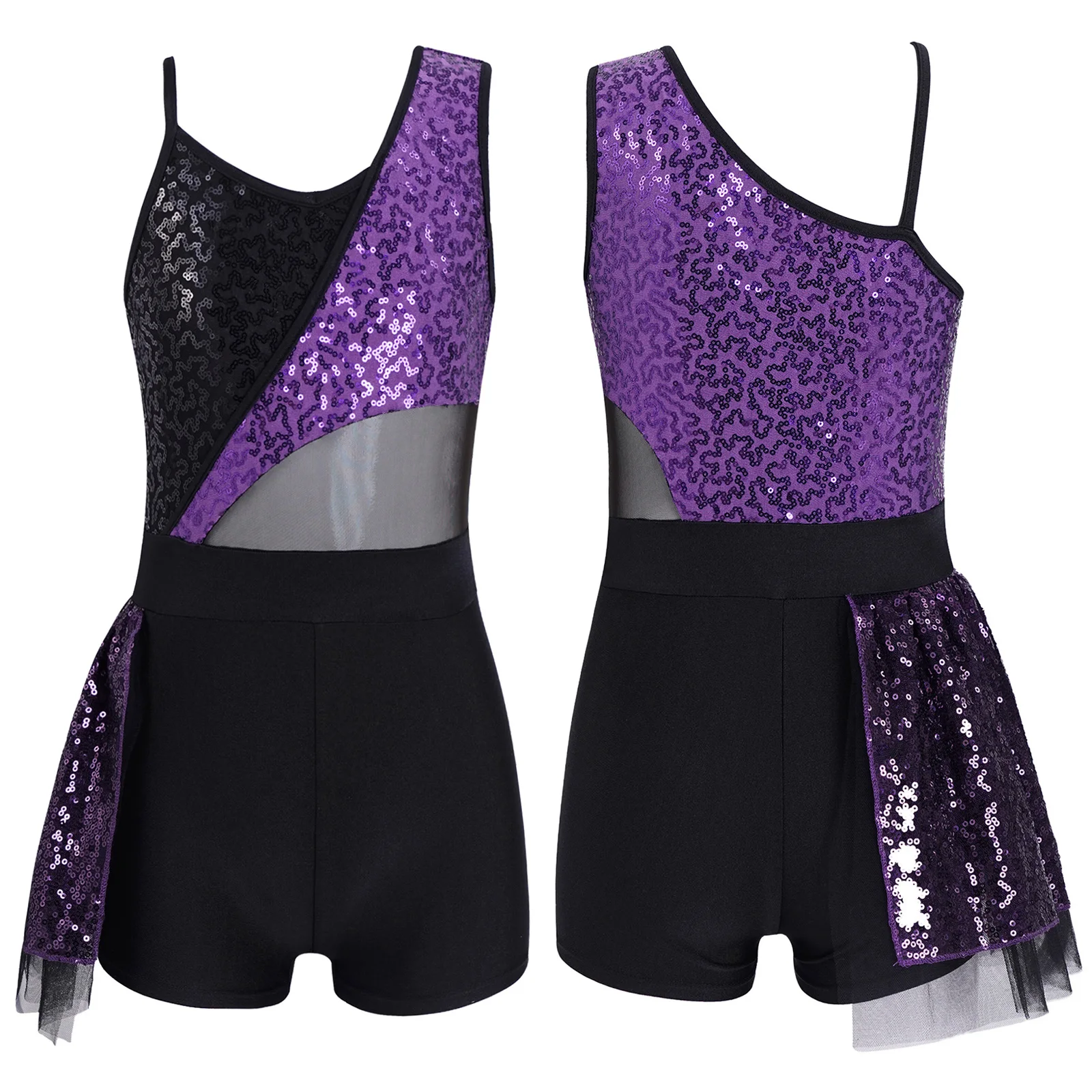 Kids Girls Stage Performance Showing Costumes Sparkling Sequins Mesh Patchwork Bodysuit Jazz Latin ChaCha Dance Leotards