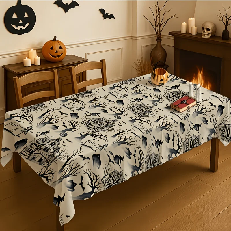 One Halloween-themed tablecloth with a haunted house pattern, rectangular in shape, made of polyester print fabric.zyc