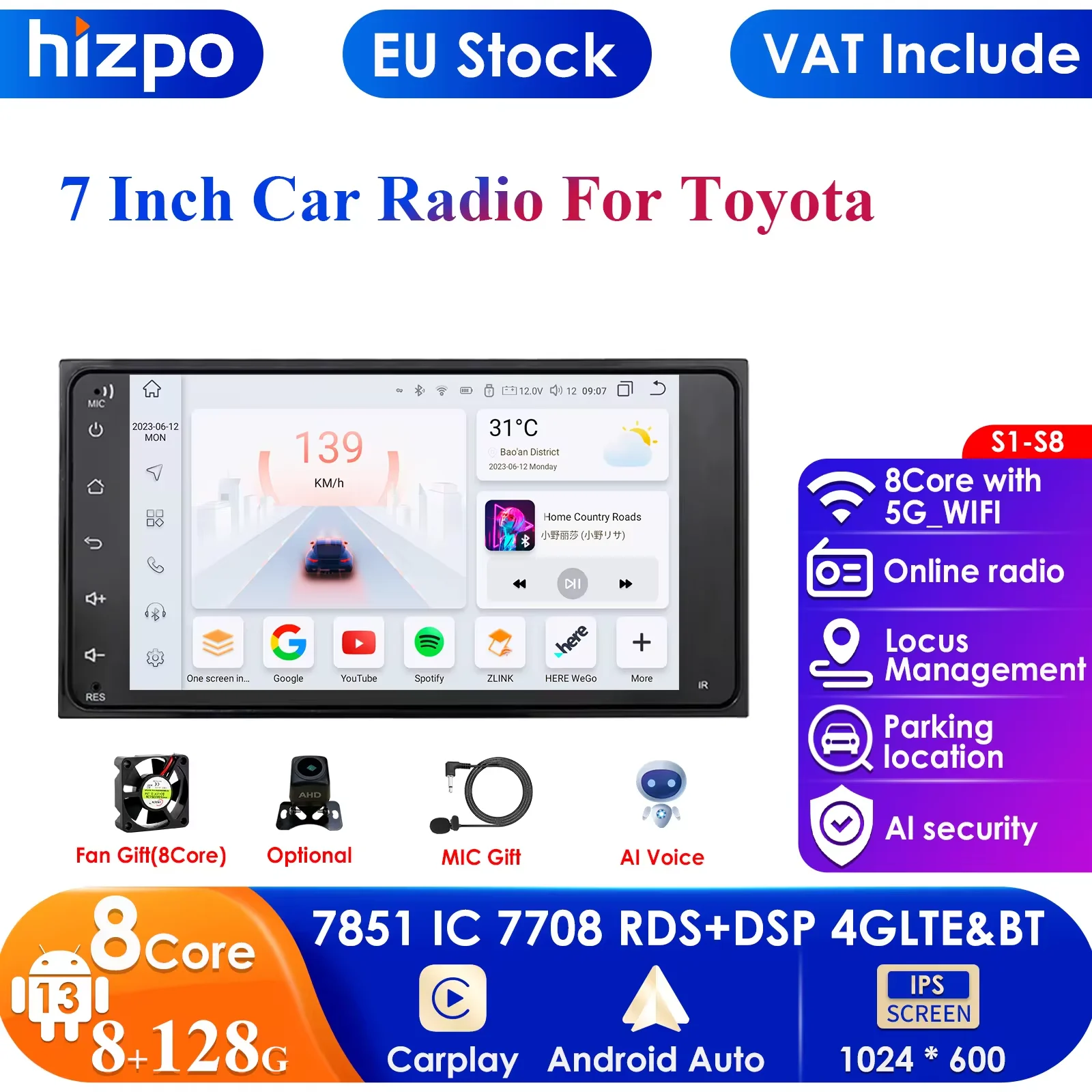 2 Din Android Car Radio GPS Bluetooth Audio Stereo WIFI USB FM 2Din Auto Autoradio For Toyota RAV4 Fortuner Corolla 4Runner Vios