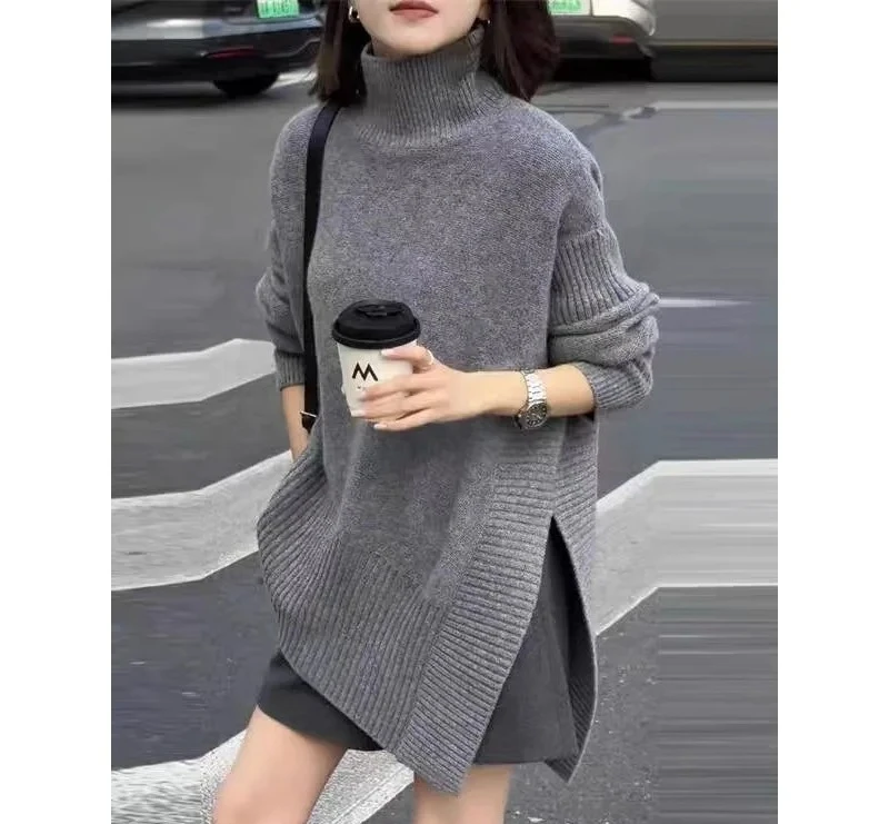 

Ladies High Collar Knitted Sweater Pure ColorAsymmetrical Design Autumn Winter New Fashion Sensation Solid Color