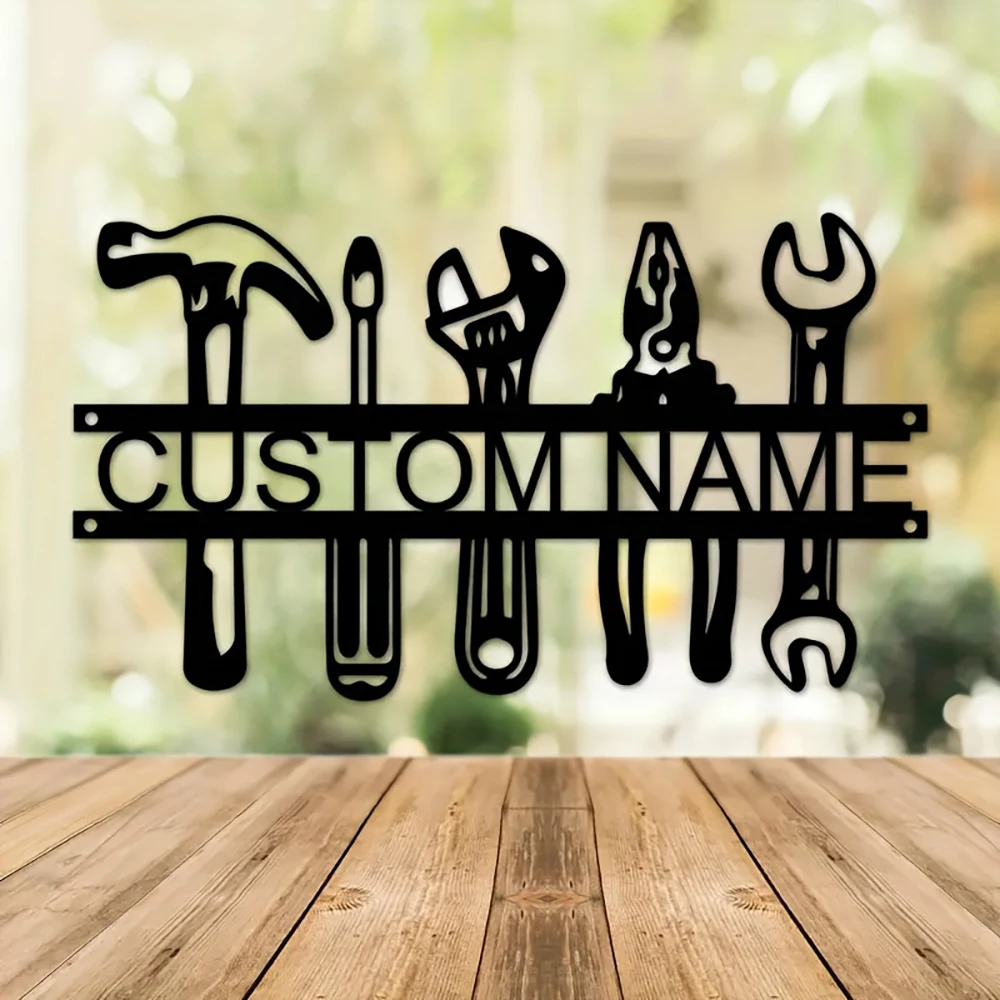 Customized Name Industrial Style Iron Wall Art Tools Design, Rustic Metal Sign for Home & Garage Decor Workshop Decor