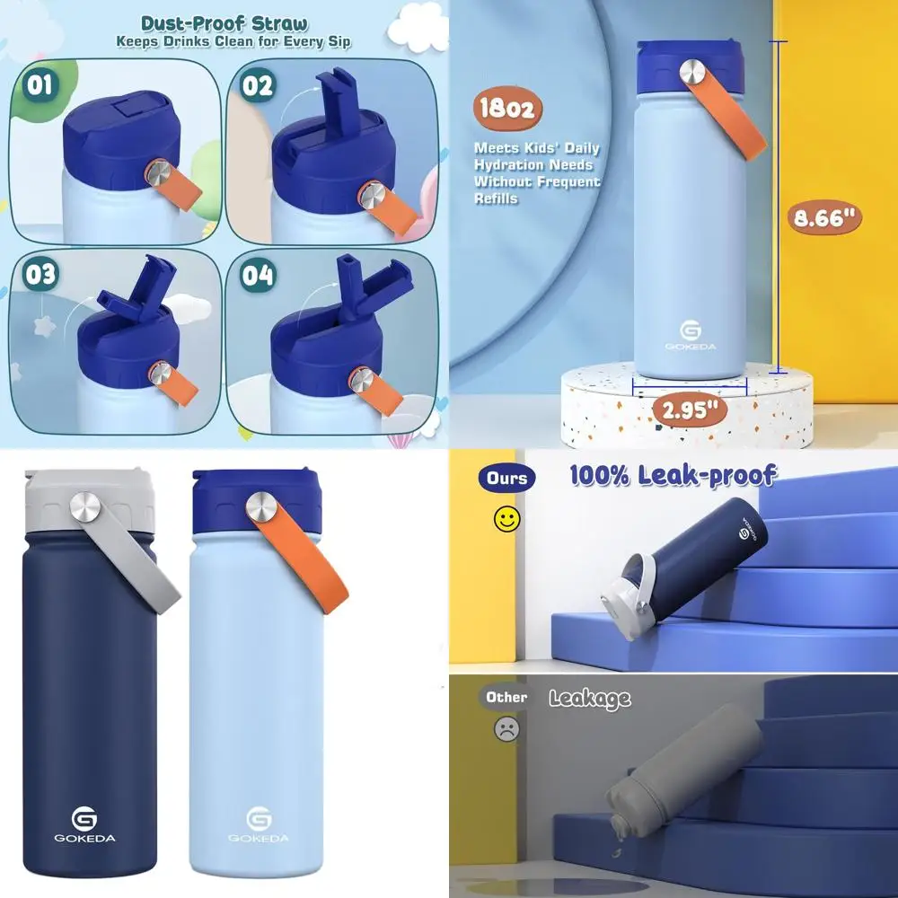 

2-Pack 18oz Insulated Stainless Steel Kids Water Bottles with Leak-Proof Straw, Light Blue & Dark Blue, Perfect for School