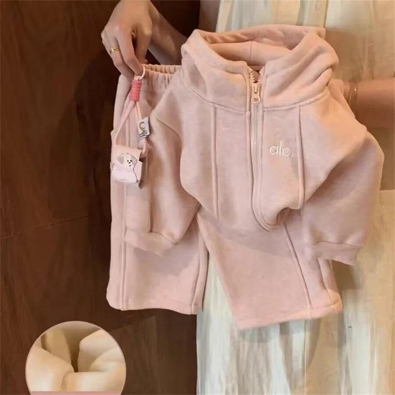 Girls' Autumn and Winter New High-Quality Fleece-Lined Jacket and Wide-Leg Pants Casual Two-Piece Set