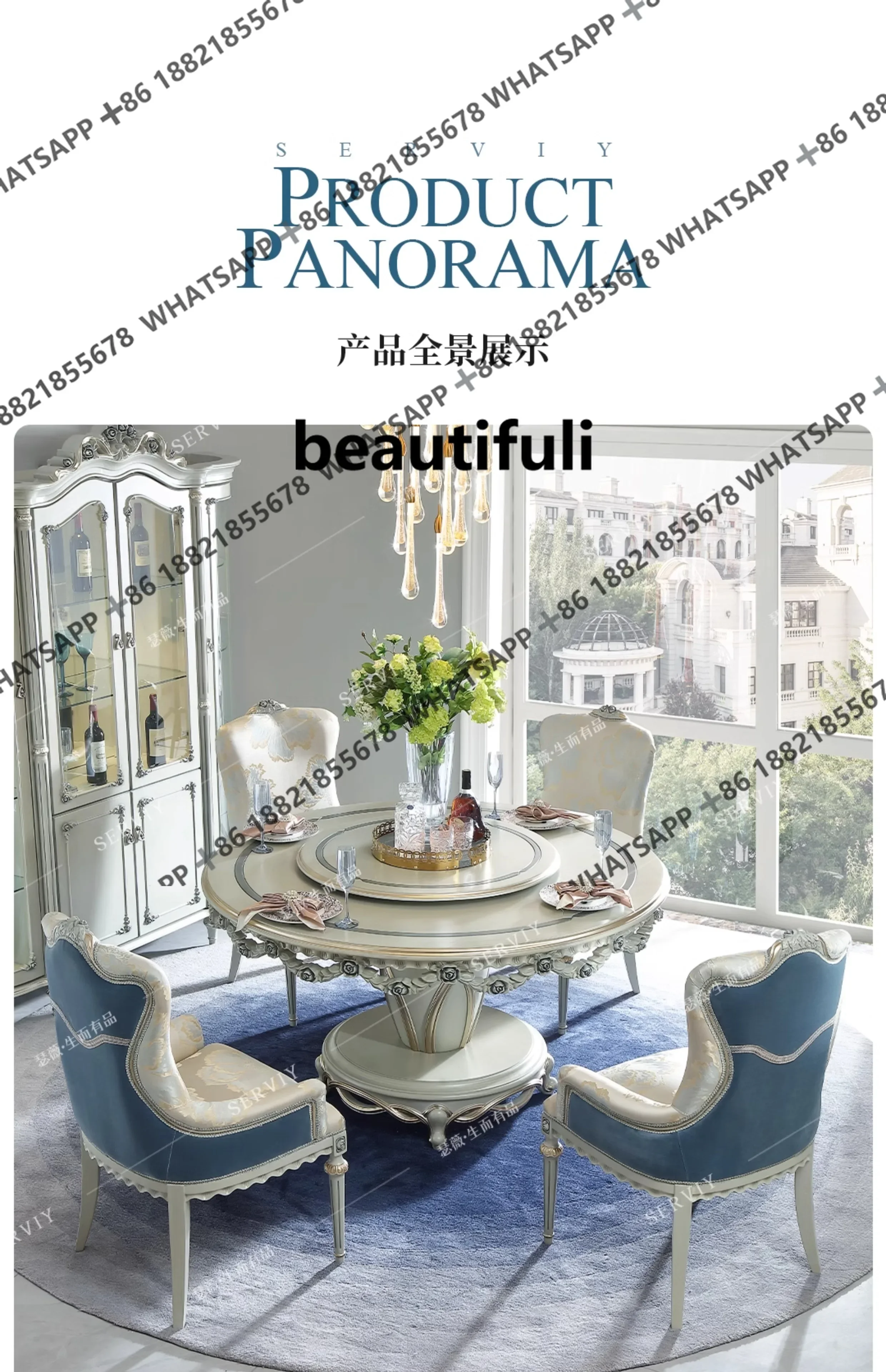 French solid wood turntable round dining table European retro carved dining table and chairs SE4