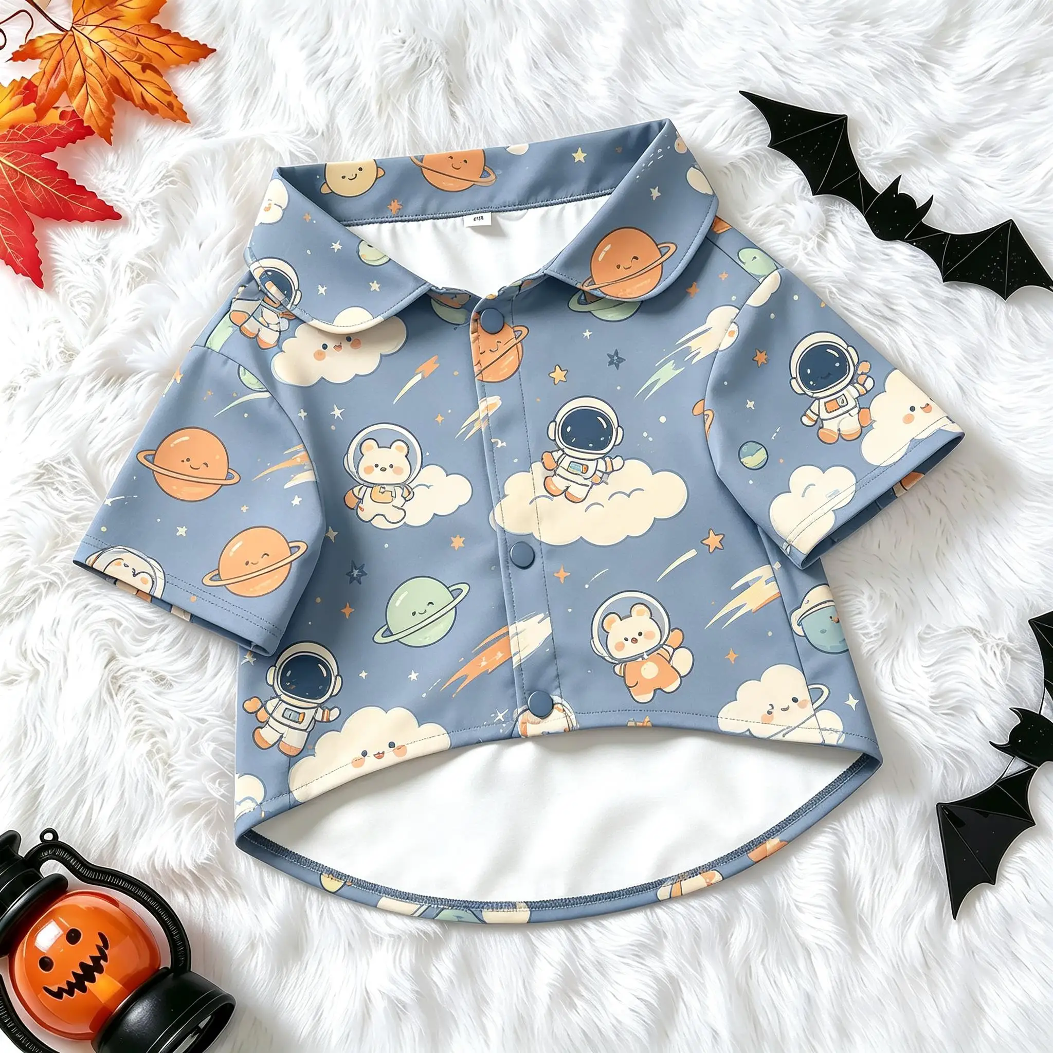 Pet Dog Shirt Blue Astronaut Bear Planet Print Lightweight Button Up for Small Medium Dogs Kawaii Space Theme Daily Wear