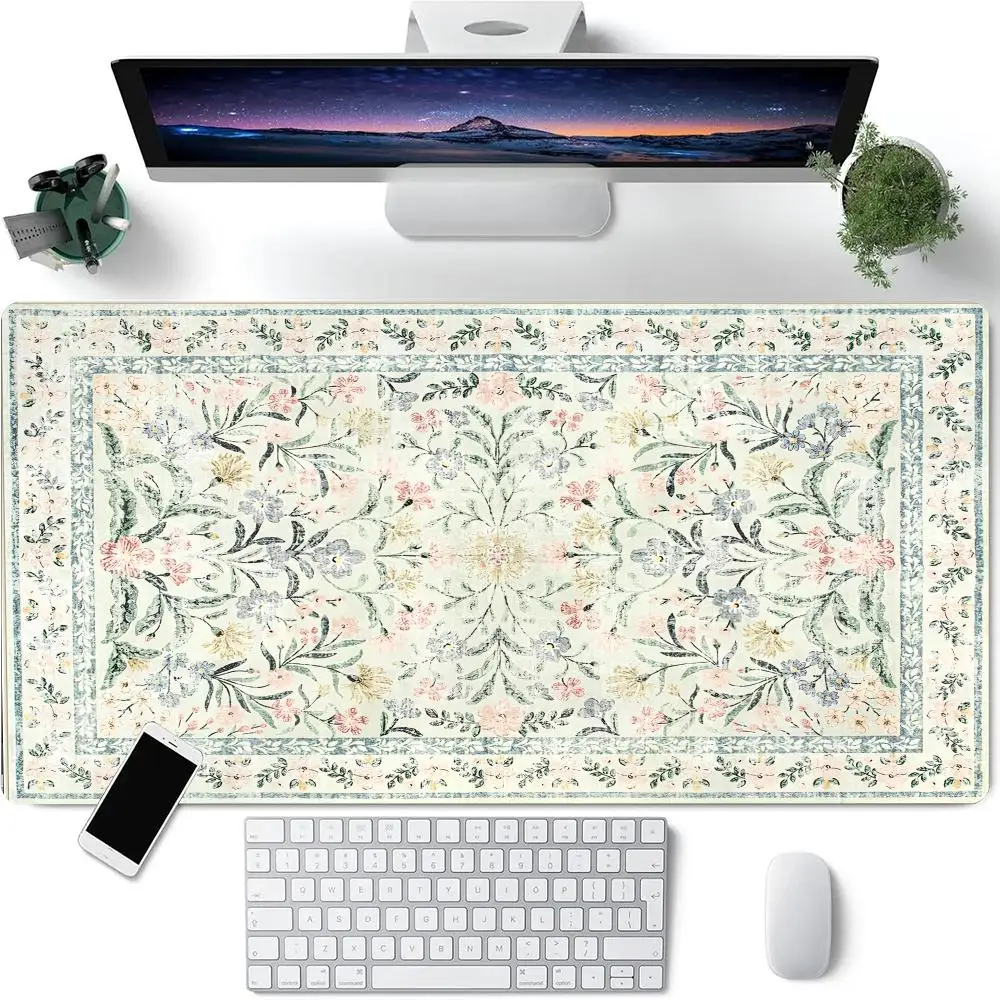 핑크 꽃 페르시아 스타일 디자인 마우스 패드 대형 고무 미끄럼 방지 데스크 액세서리 마우스 패드 사무실 및 게이머 키보드 장식 매트
