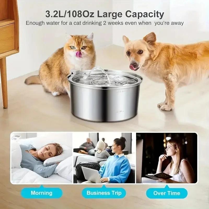 3.2L Large Capacity Dog Cat Water Dispenser with Quiet Pump Automatic Stainless Steel Cat Dog Water Fountain with Single Spout