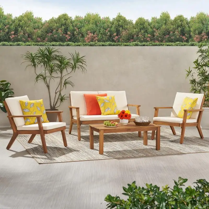 Acacia Wood 4-Seater Outdoor Chat Set with Loveseat, Coffee Table, and 2 Club Chairs - Brown Finish and Cream Cushions
