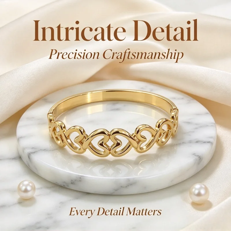 Gold Color Snap-on Openwork Bangle Heart Bracelet Stainless Steel Trendy Durable Women Fashion Jewelry Gift for Her Party Daily
