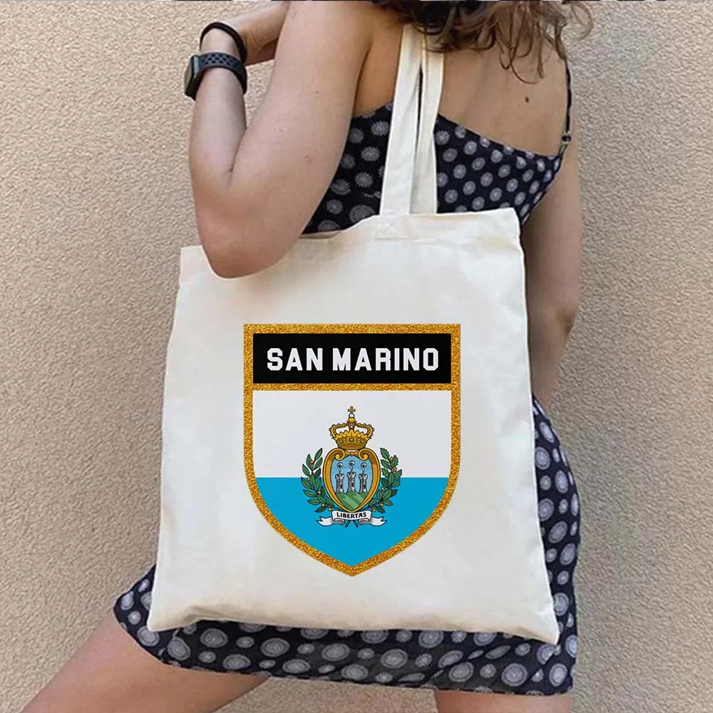 Europe San Marino Map Shield Flag Love Heart Summer Beach Travel City Shopper Harajuku Canvas Tote Bag Cotton Eco Shopping Handb