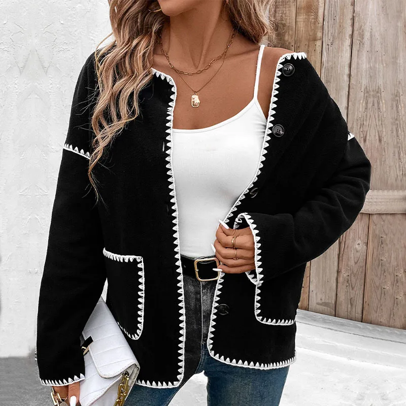 Mandylandy Autumn and Winter Fleece Coats Women\'s Cross-border Loose Color Matching Fleece Jacket Black Single Breasted Outwear