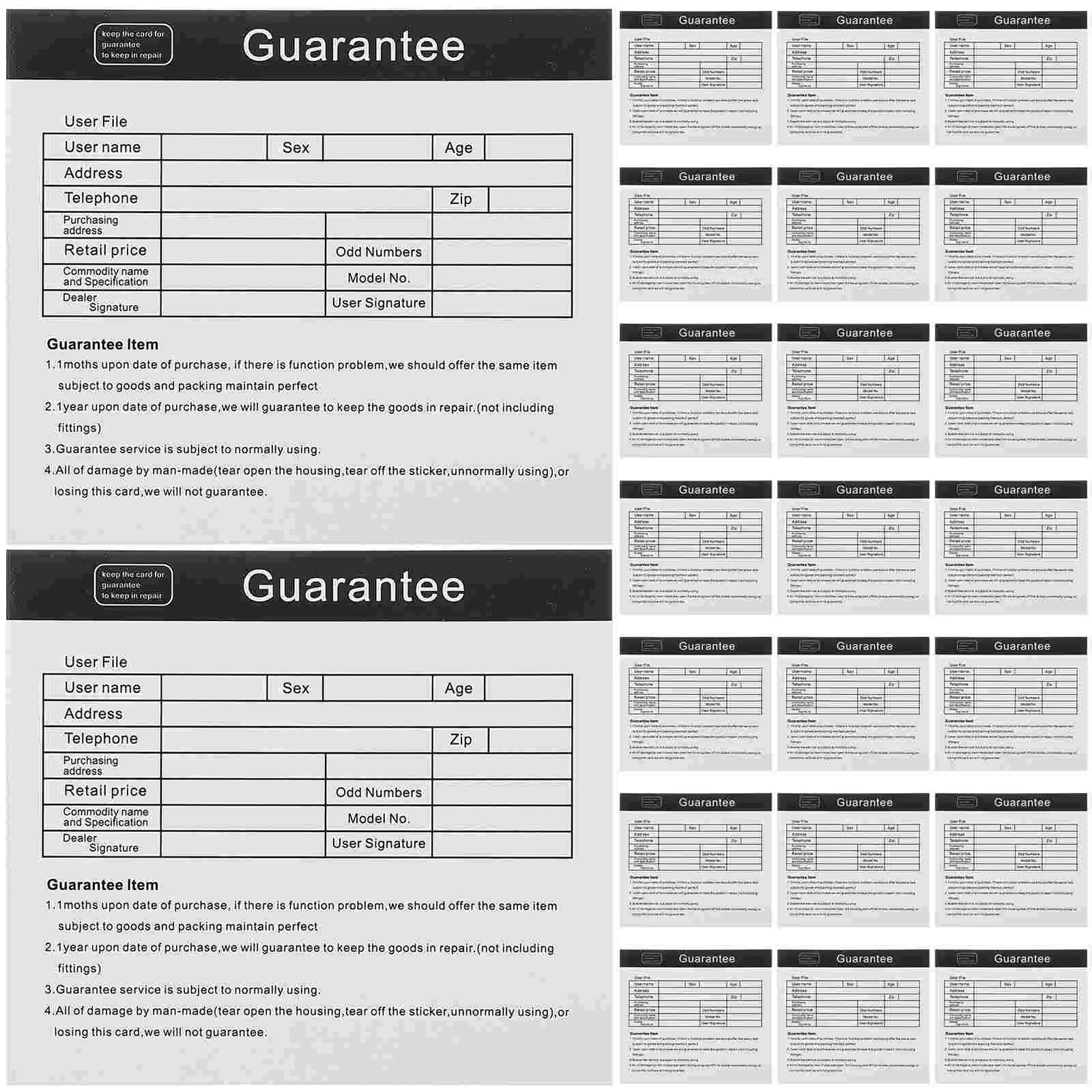 

200 Pcs Home Appliance Warranty Card After-sales English Guarantee Universal Paper