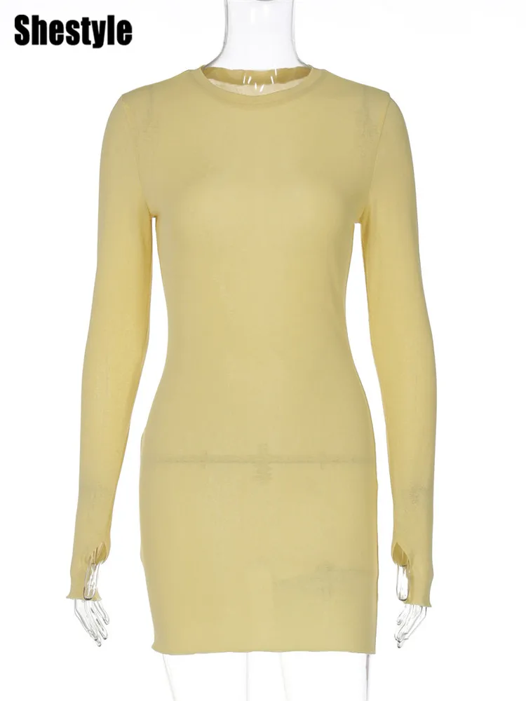Shestyle الأصفر الصلبة غمد فستان شفاف المرأة طاقم الرقبة كم كامل مطاطا شير مثير لطيف البلوز يؤرخ الملابس الخريف