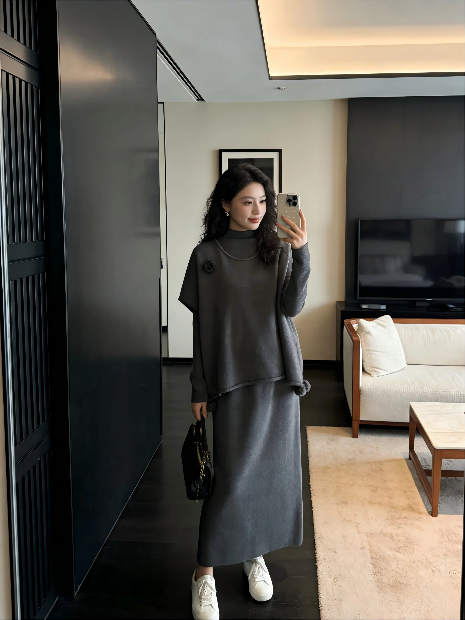 

Korean ay Tone Knitted 3 Piece Set High Collar Cloak Sle Top High Collar Sweater Dra Long Skirt Gentle Lazy Sle