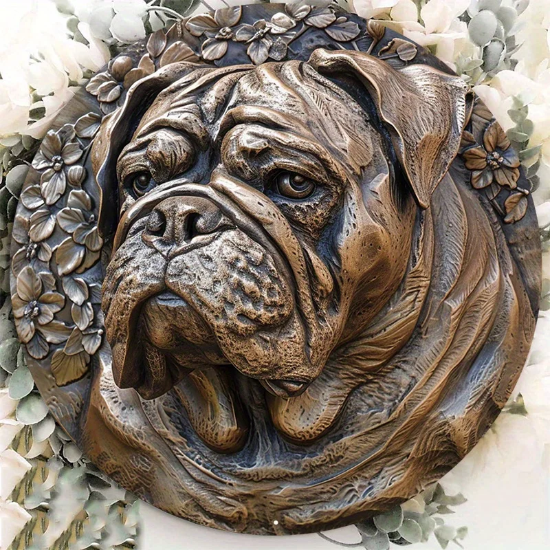 Bronze Finish Aluminum Metal Sign, Decorative Bulldog Statue, Door Hanger, Wall Sign, Wreath Sign, Rustic Round Design