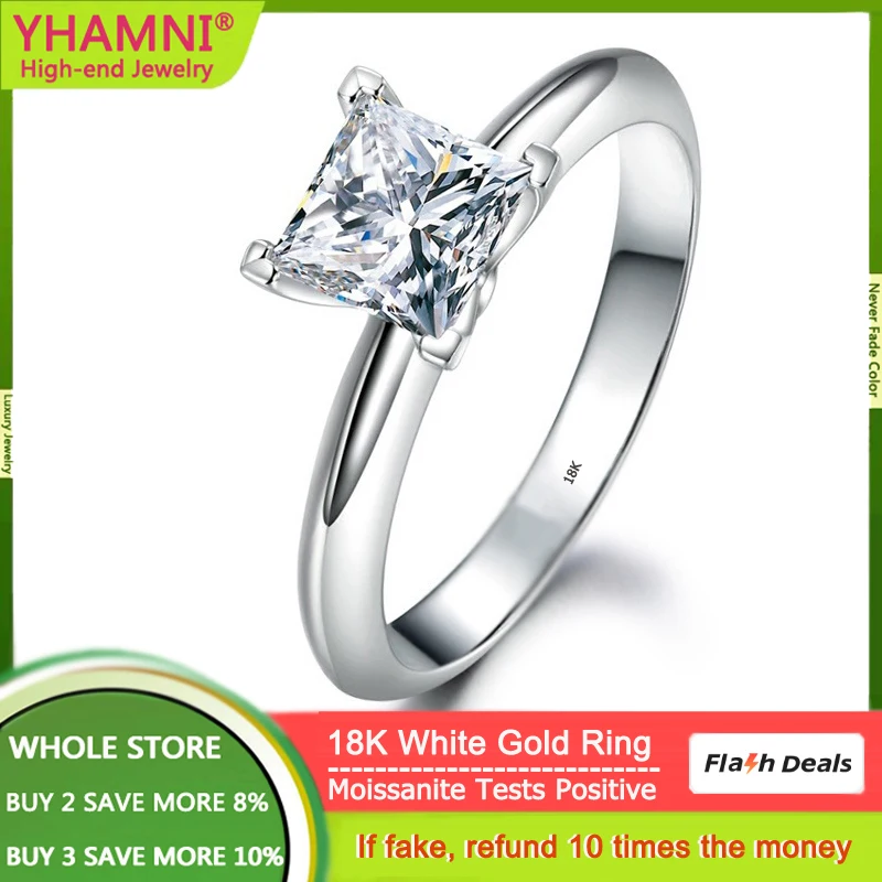 With Credentials Bright 18K White Gold Rings Princess Cut 1.2 Carat Moissanite Diamond Rings for Women Wedding Fine Jewely Gift