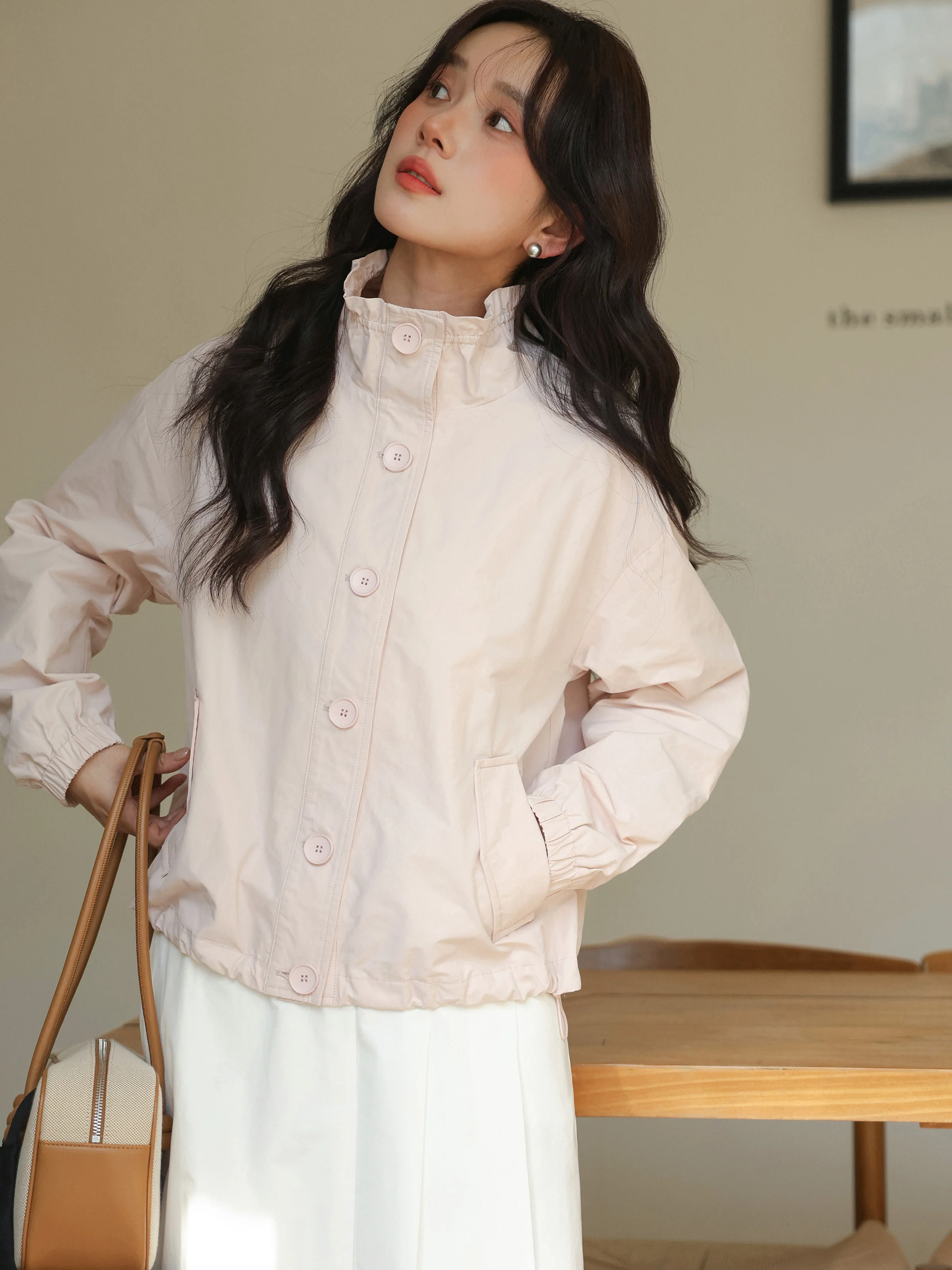 Ruffle Collar Loose Fit Jacket Women Spring Casual Utility Coat Buttons Lightweight Korean Oversized Workwear Outerwear Daily