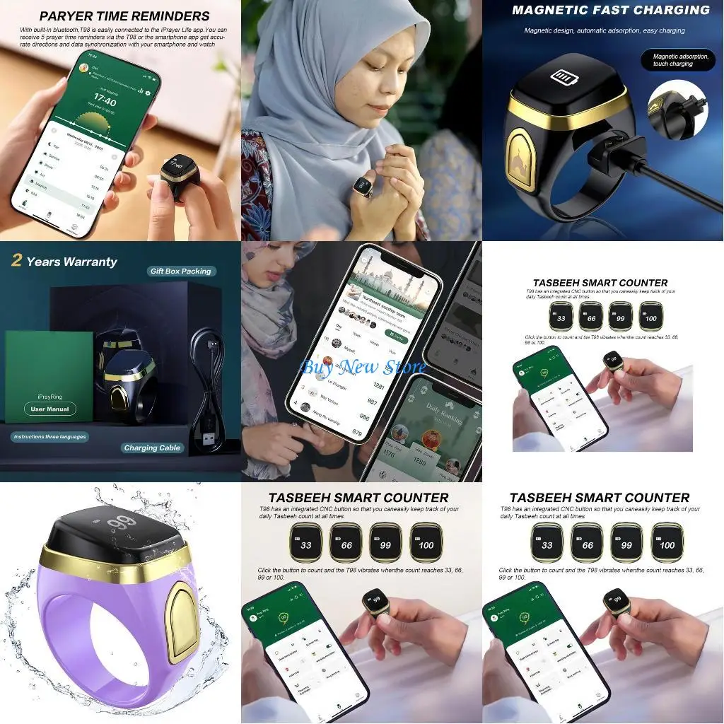 

20CE Rechargeable Finger Rings LED Electronic Hand Tally Prayer Counter Time Reminder