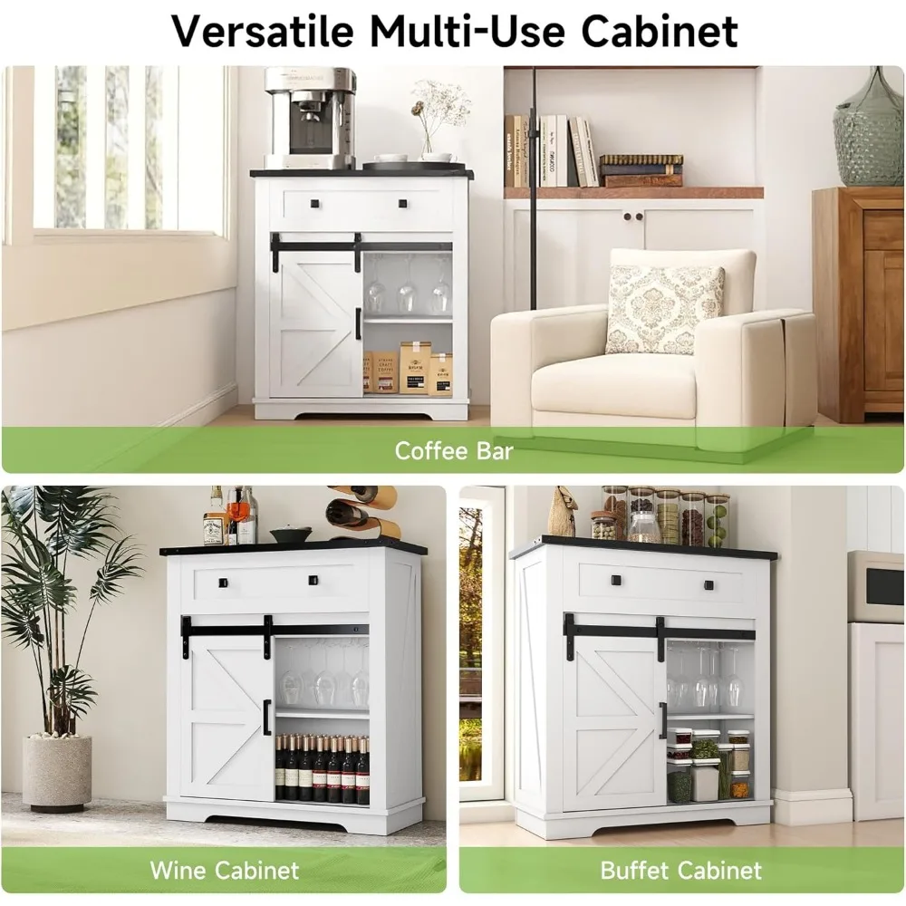 بوفيه خزانة جانبية ريفية مع مساحة تخزين وحامل كأس للنبيذ وباب حظيرة منزلق
