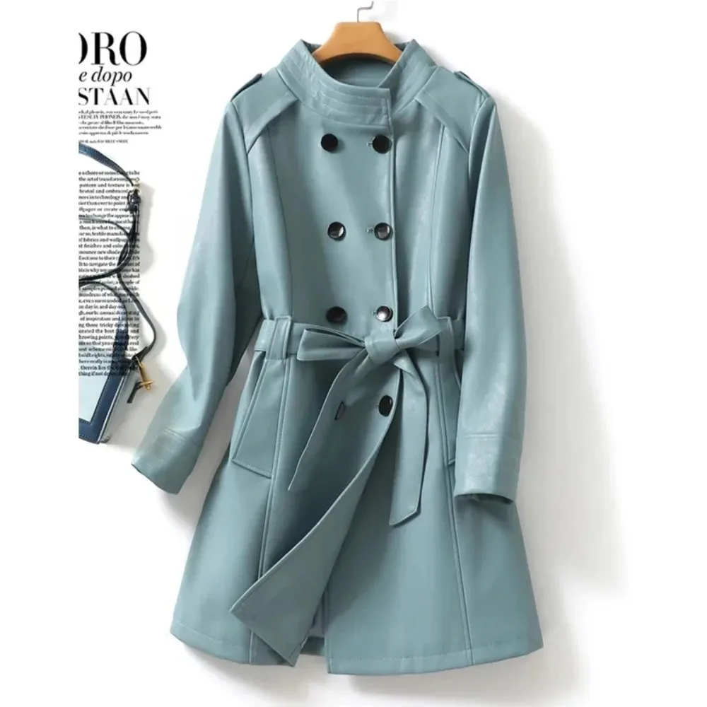 

Blue Sheepskin Trench Coat for Women Double-breasted Lace-up Belt Split Leather Outwear 2025 Stand Collar Ladies Lambskin Trench