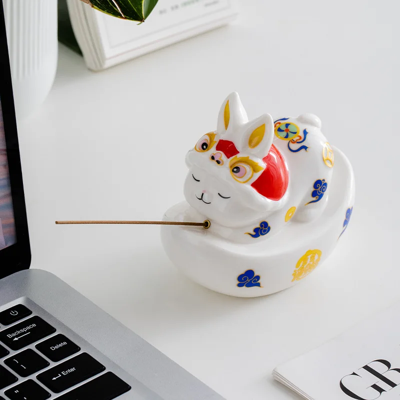 National Trend Lion Dance Cute Rabbit Ceramic Incense Holder, Yuanbao Stick Incense BurnerOffice Tabletop Aroma Decor Ornament