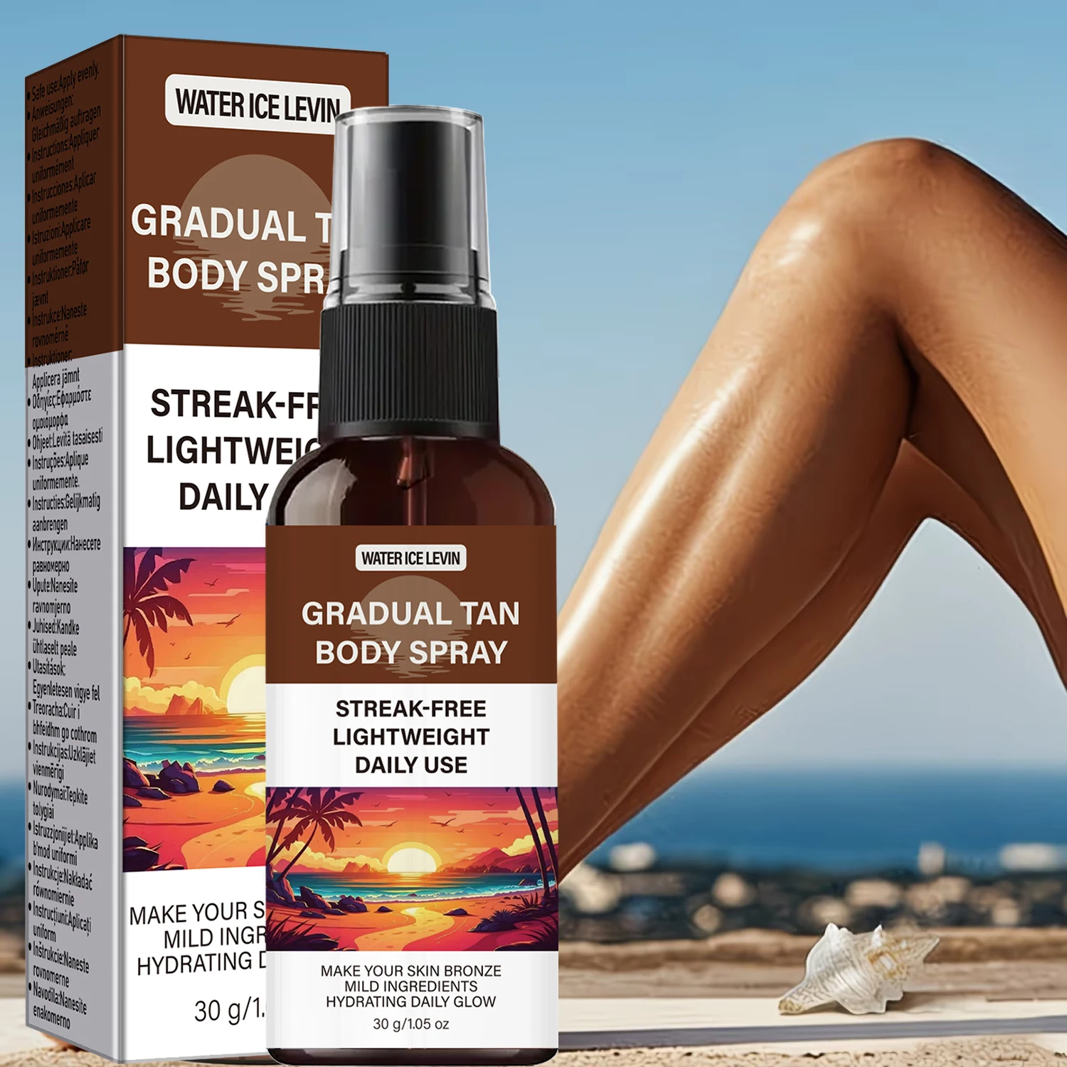 WATER ICE LEVIN Gradual Tan Body Spray Streak-Free Lightweight Hydrating with Collagen Hyaluronic Acid Niacinamide Daily Use 30g