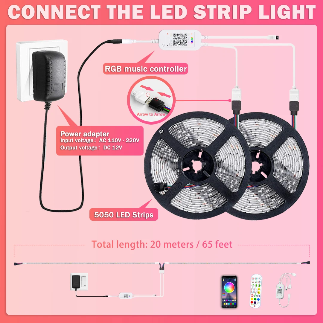 Lampa LED z 20-metrową synchronizacją muzyki, sterowanie aplikacją z pilotem, światło RGB LED z lampką LED w sypialni