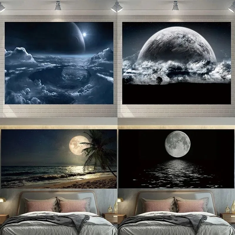 VIKAMA Wandteppich mit Mondlicht und Sternenhimmel, dekorativer Wandteppich für Zuhause, Wohnzimmer, waschbar