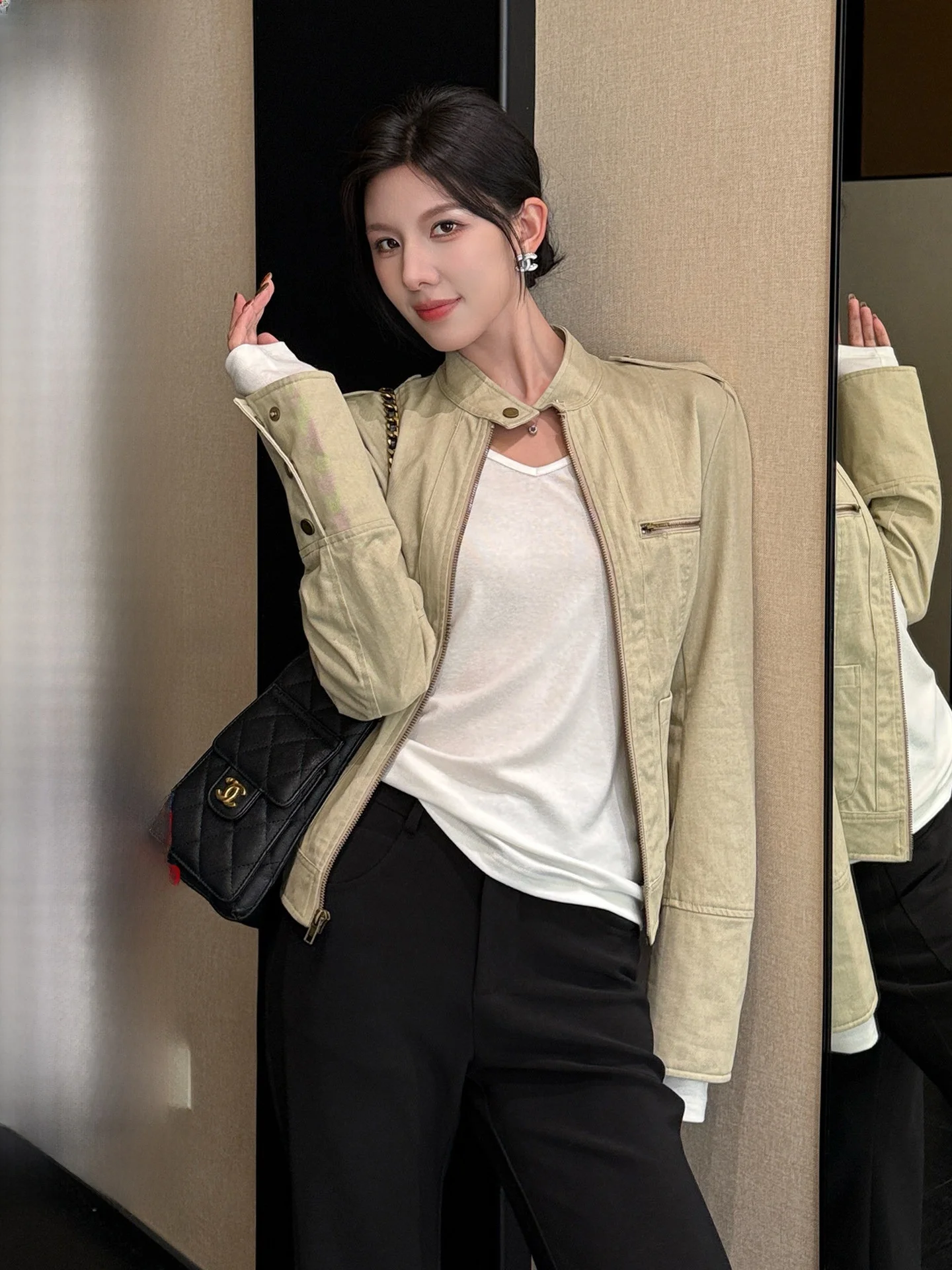 

Qingwen American Retro ort Cotton Casual Jaet Women's Early Autumn New Khaki Color Pure Cotton Stand Collar Zipper Top