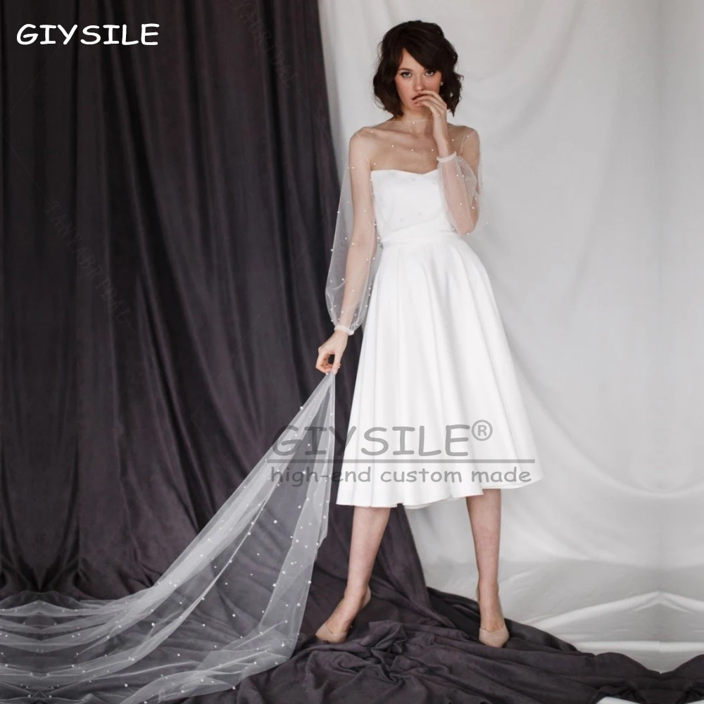 

GIYSILE Pearl Net Small Shawl Satin 2 Pieces New Wedding Dresses Short Sweet Travel Photography Light Wedding Gowns Bridal Dress