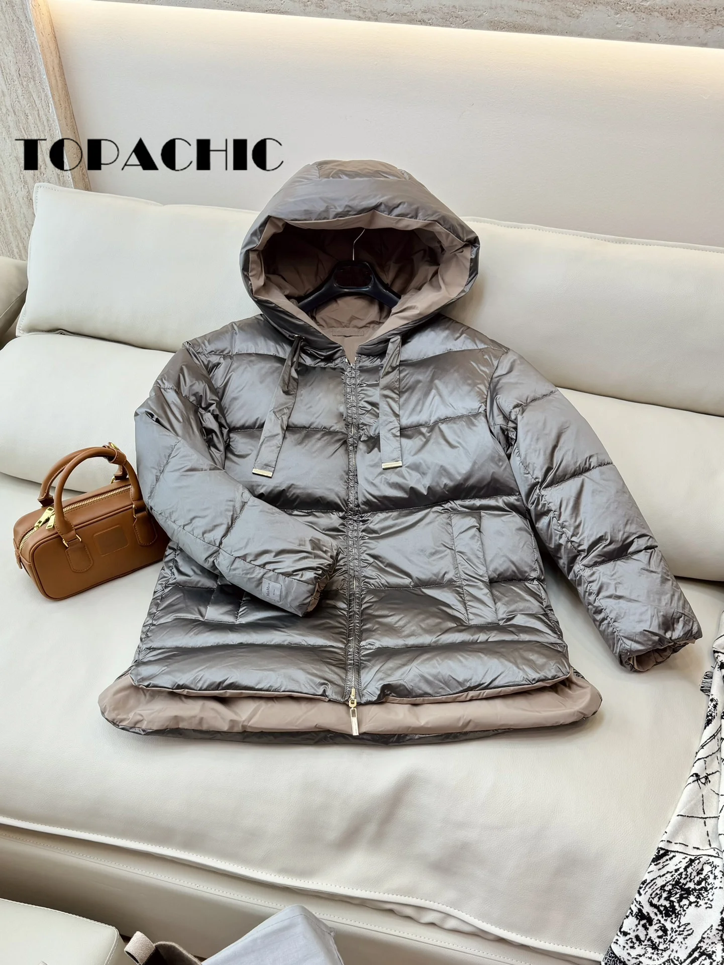 8.31 TOPACHIC-Women Fashion Double-Sided Wear Spliced Color Design Hooded Jack Autumn Winter Mid-Length Goose Down Outerwear