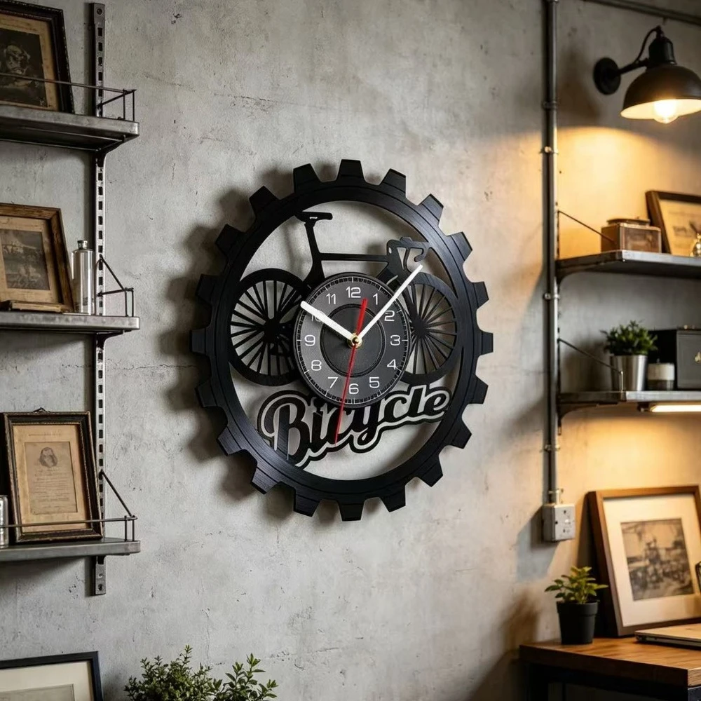 Vintage Bicycle Gear Vinyl Record Wall Clock Silent Hollow Laser Engraved Decor for Bike Lover Garage Workshop Bedroom Home