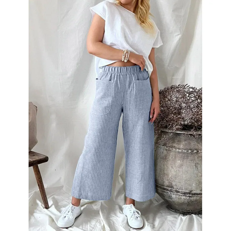 Casual Striped High Waist Straight Leg Pants for Women Long Leisure Trousers Ladies Faion Summer Print Other Material