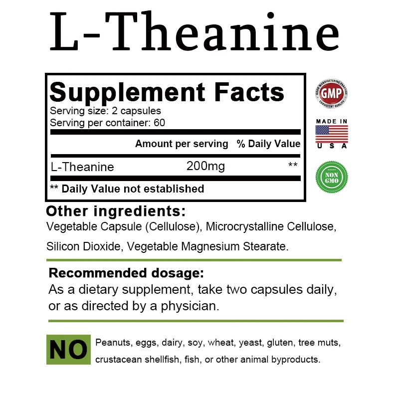 Natural L-Theanine Capsules 200 Mg, Stress Relief, Mood Supplement