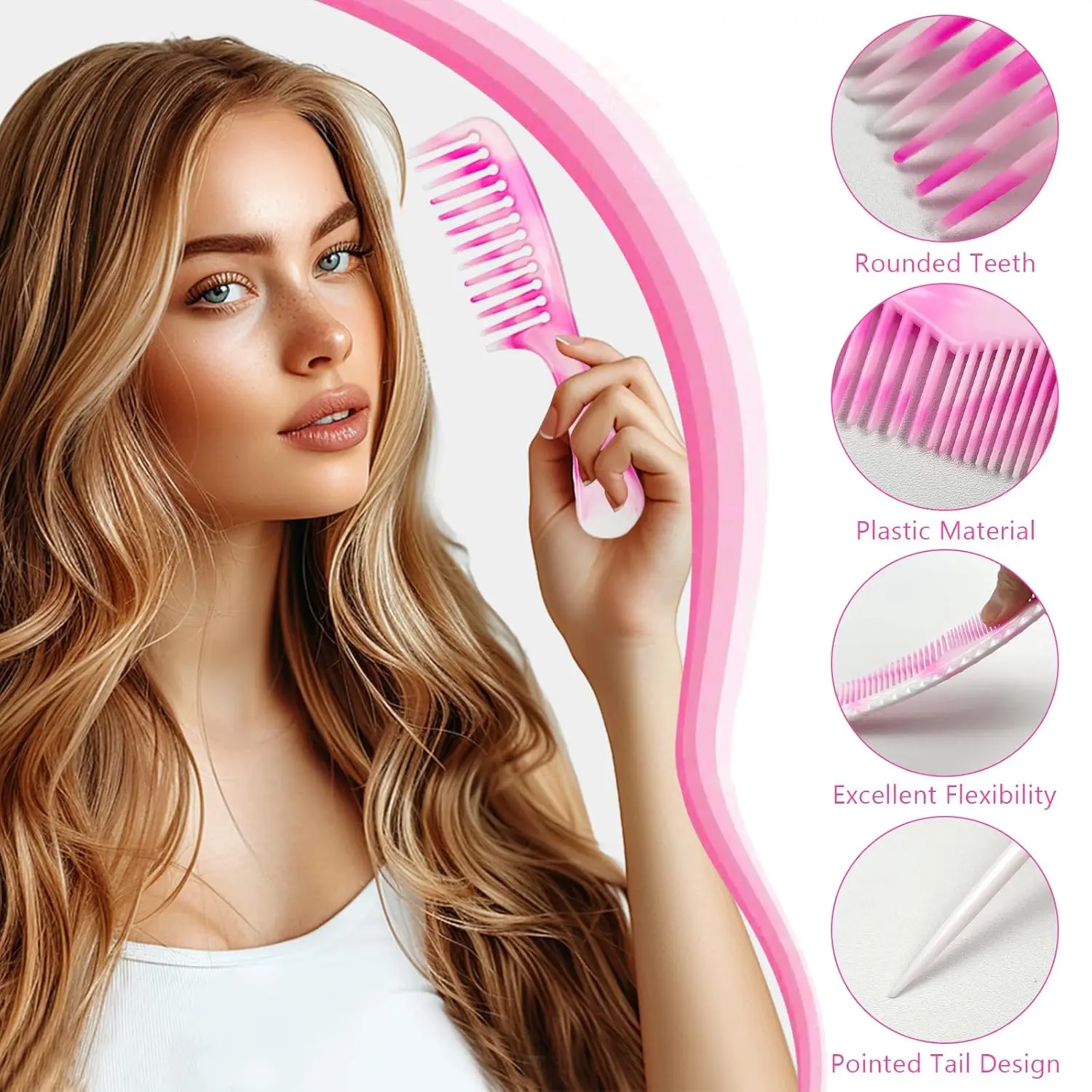 Pink Marble Hair Comb Set Anti Static Wide Tooth Detangling Comb Rat Tail Comb Portable Hair Styling Tools For All Hair Types