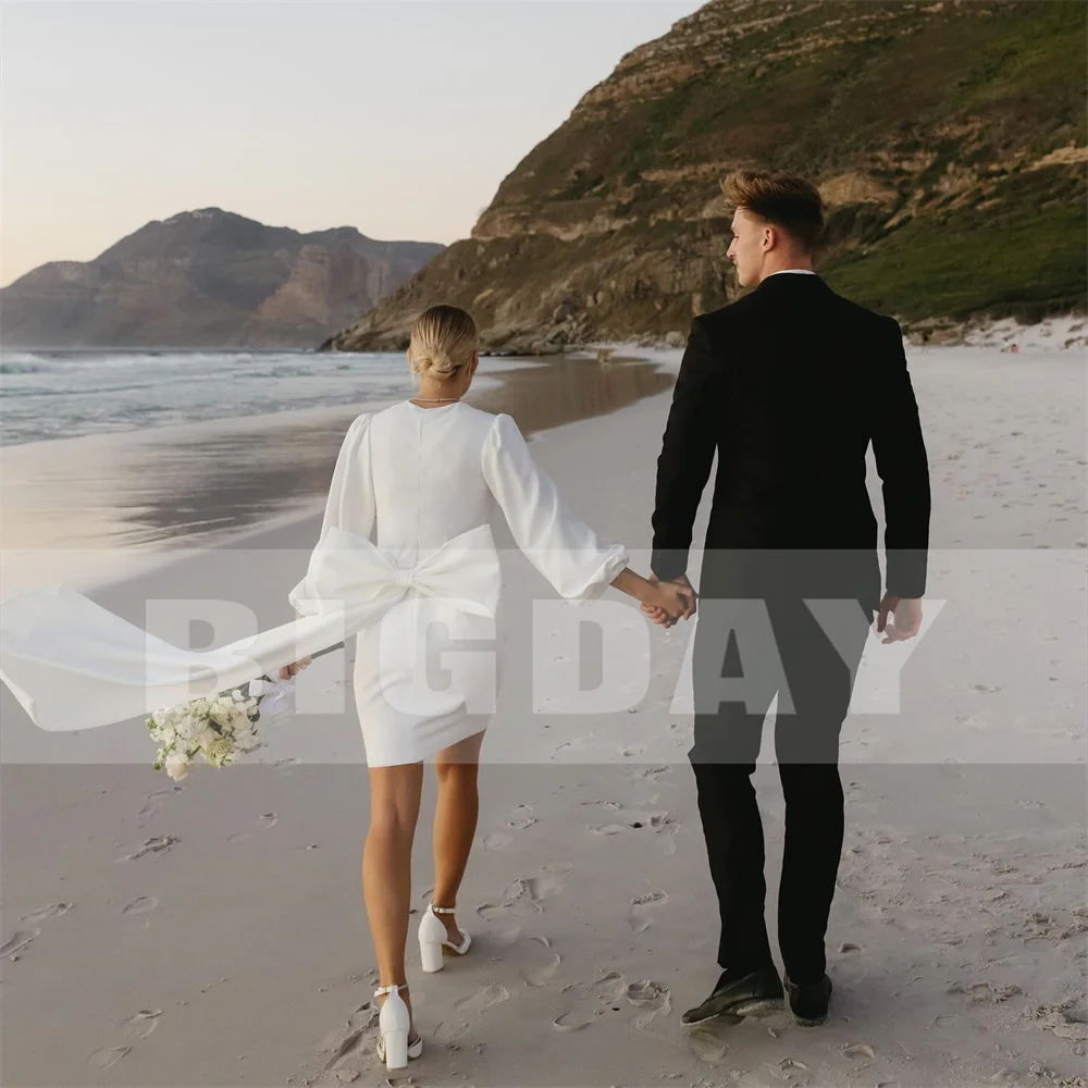 Modern Beach Short Wedding Dress Women 2025 Bow V-Neck Sheath Simple Above-Knee Pleat Bridal Gown Vestido De Noiva Customized