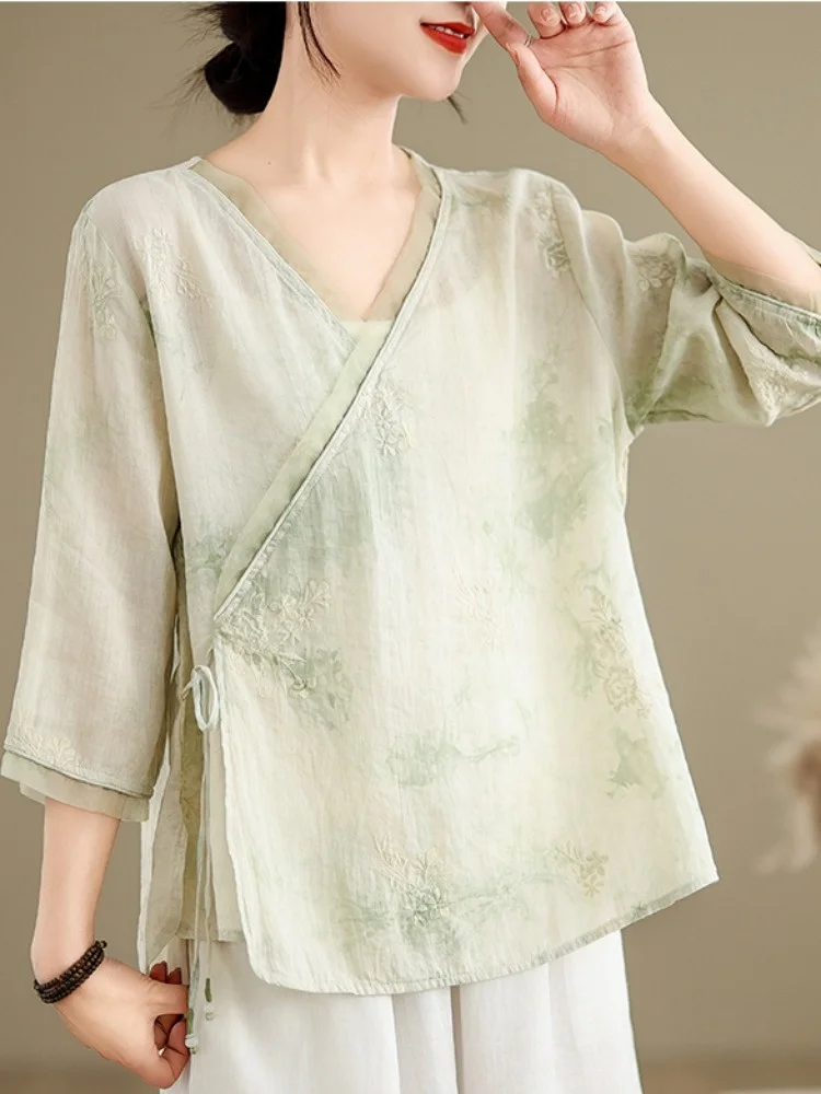 

Женский летний топ из хлопка и льна в стиле ретро в китайском стиле с v-образным вырезом и поясом, свободный крой, топ для поездок на работу