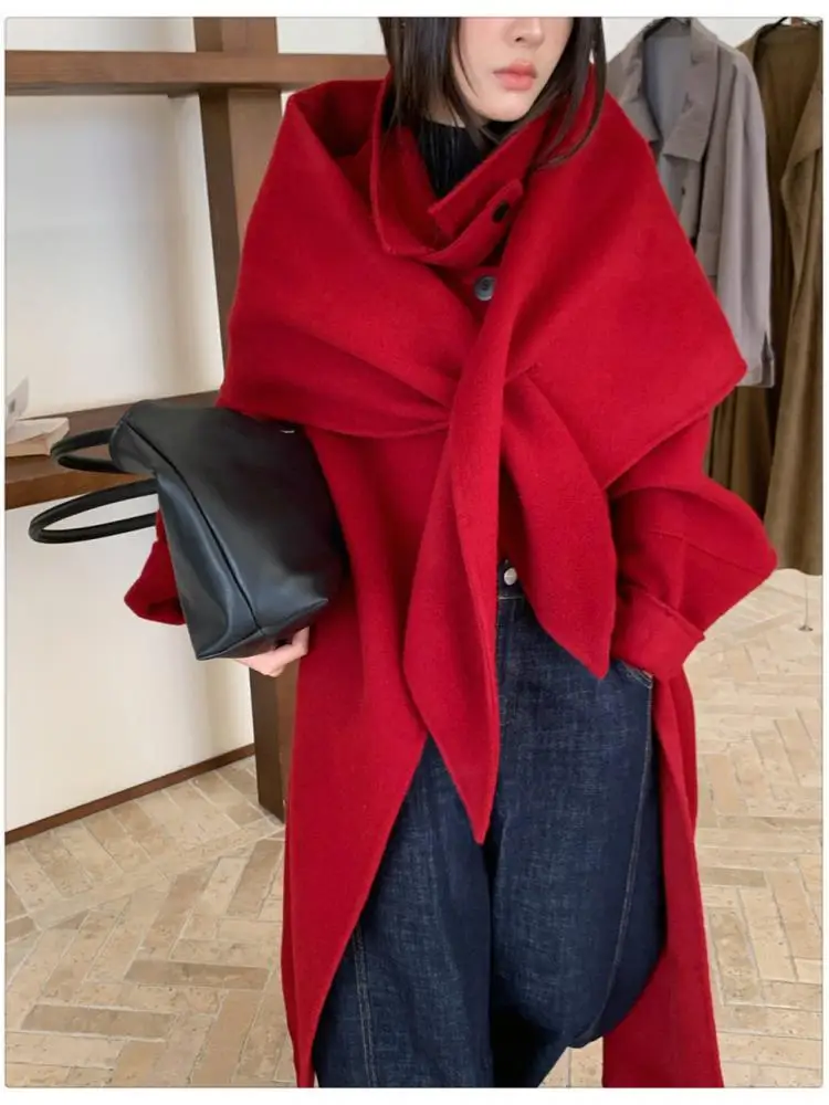 Giacche lunghe di lana da donna rosse natalizie 2025 Inverno con sciarpa Cappotti di lana 100% da donna larghi X-Long con un bottone