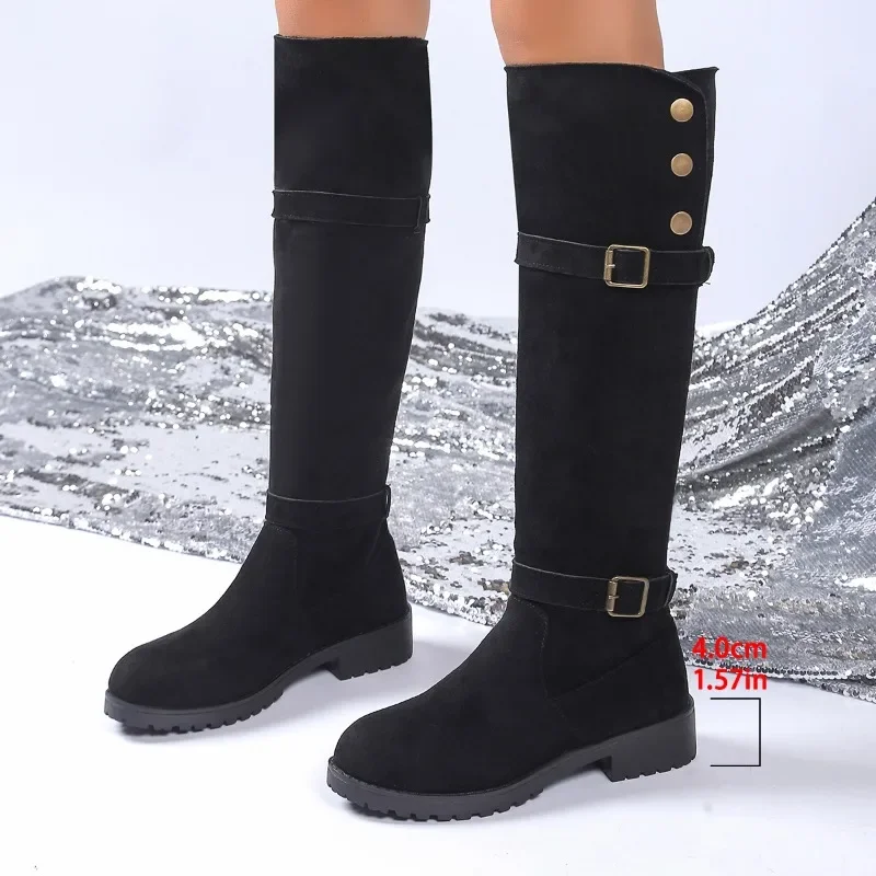 Sapatos femininos 2024 de alta qualidade deslizamento-em botas femininas moda fivela de cinto botas modernas novo rebite plus size joelho-botas altas