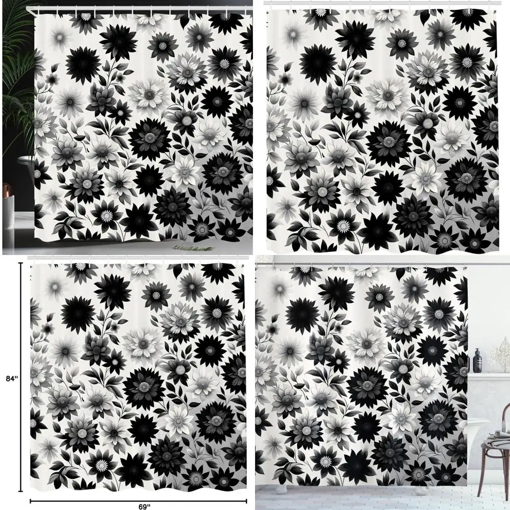 

Винтажная монохромная занавеска для душа: романтический черно-белый цветочный садовый дизайн для ванной комнаты