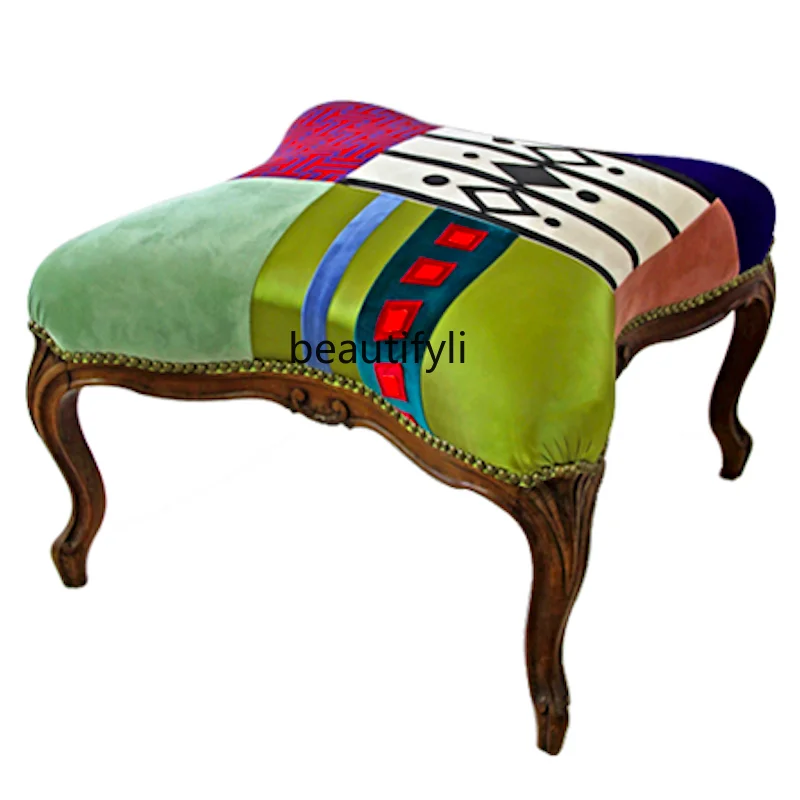 European-Style Adult Solid Wood Carving Sofa Stool French Antique Shoe Changing Stool Sofa Pier