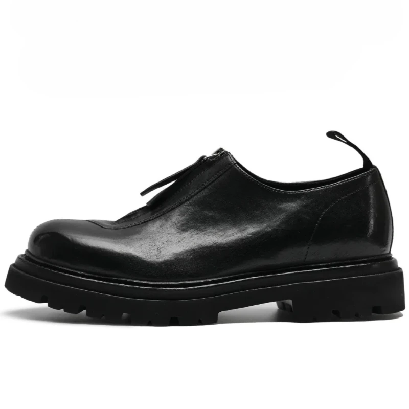 Luxury Horse Leather Derby Shoes for Men's Horsehide Hand-sewn British Simple Style Men's Dress Shoes Black Front Zipper Design