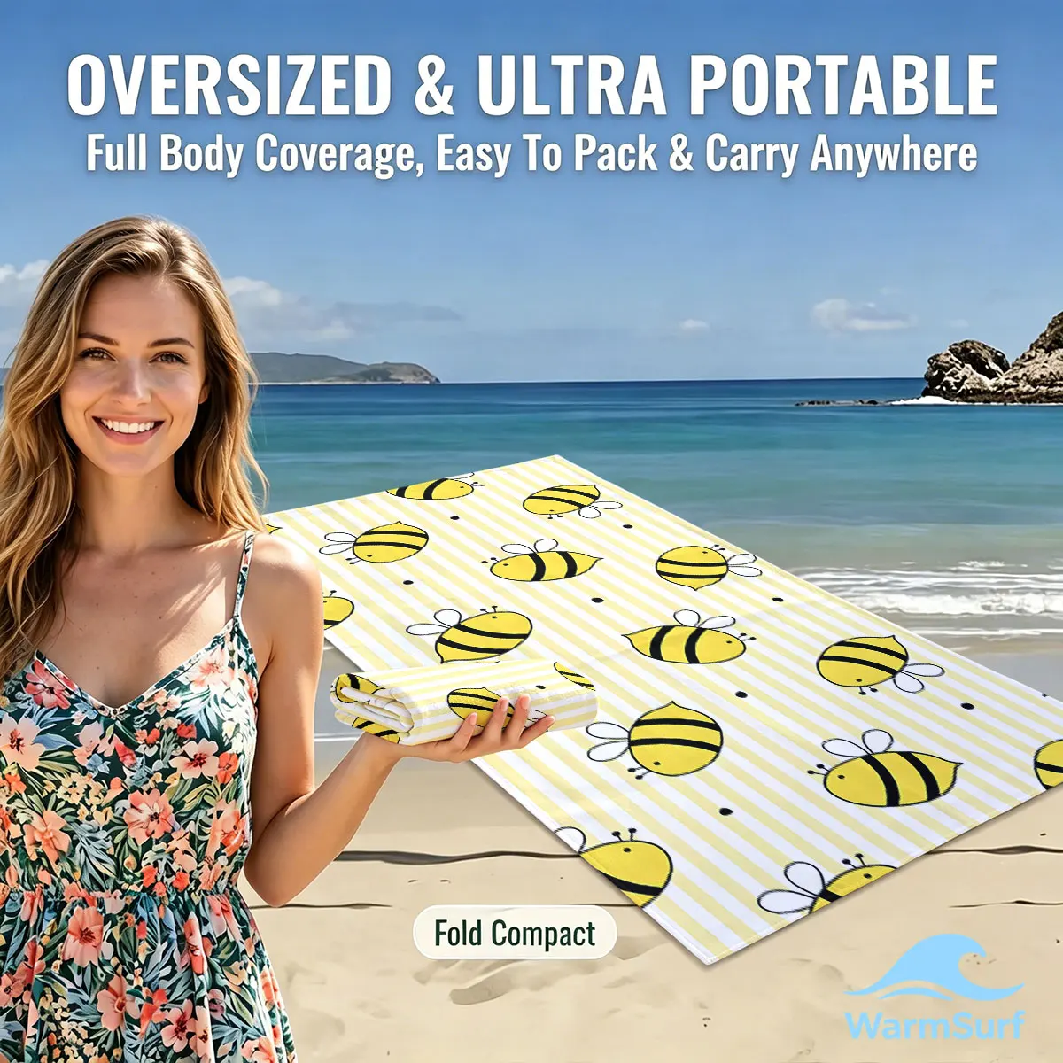 

Yellow Stripe Cartoon Bee Luxury Beach Towels Crafted from Combed Cotton Plush and Absorbent Beach Towel or Pool Towels