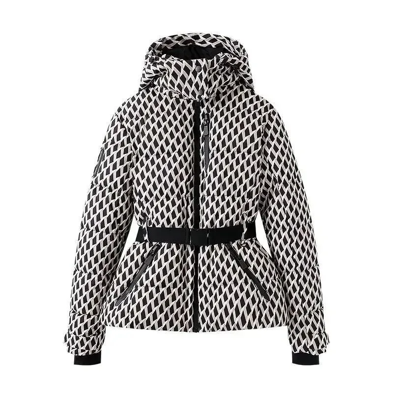 Cross-border Women Clothing European American Style Ski Series Stand-up Collar Hooded Belt-paired Warm Down Cotton-padded Jacket
