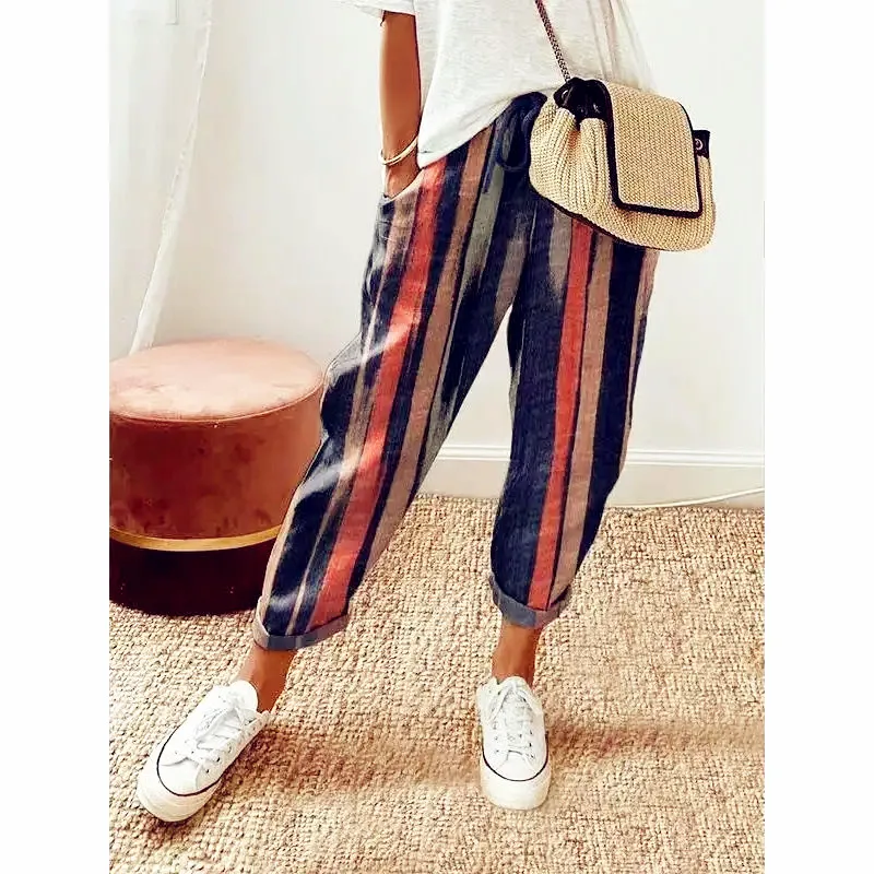 

Women Summer Spring Midi Cotton Line Ruffles Vintage Big Large Plus Sizes Casual Party Fashion Loose Strip Pocket Pant