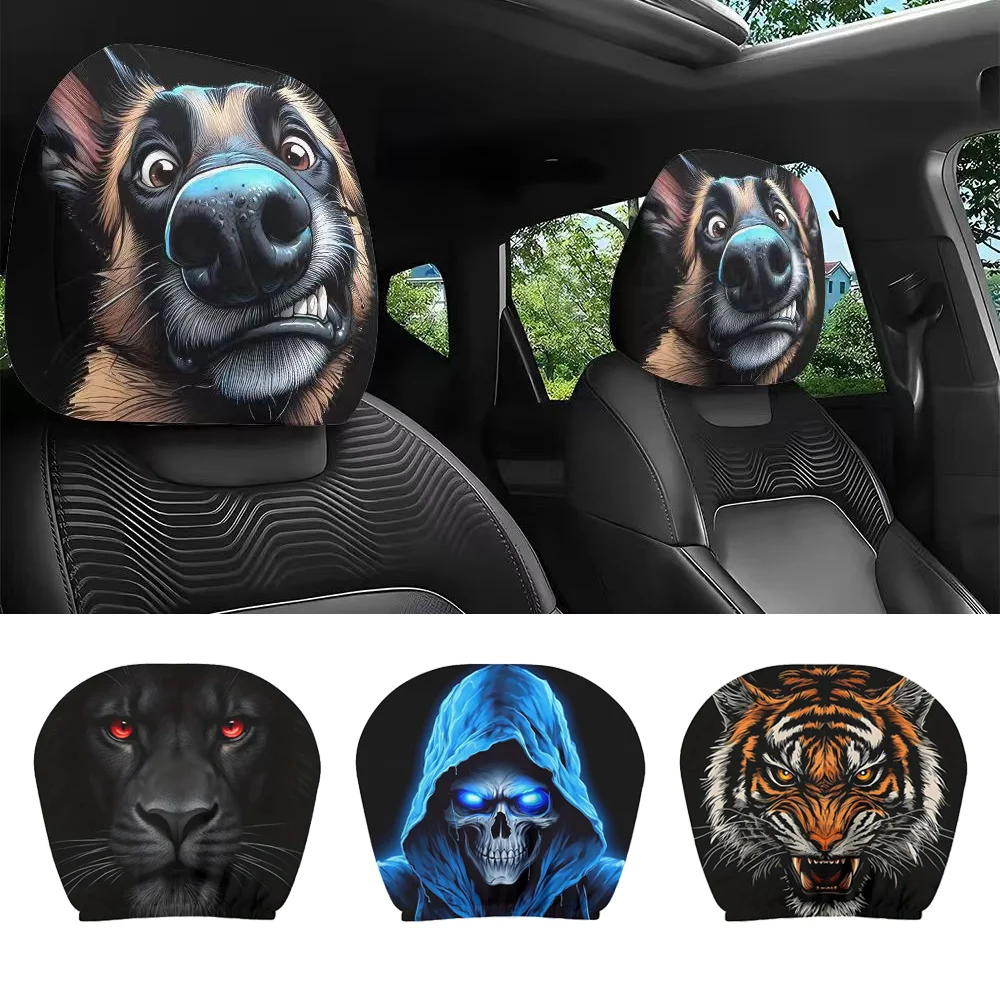 2 pçs universal ajuste dupla face impressão protetor de cabeça de assento de carro projetos de animais feroz capas de encosto de cabeça de carros para carros vans caminhões