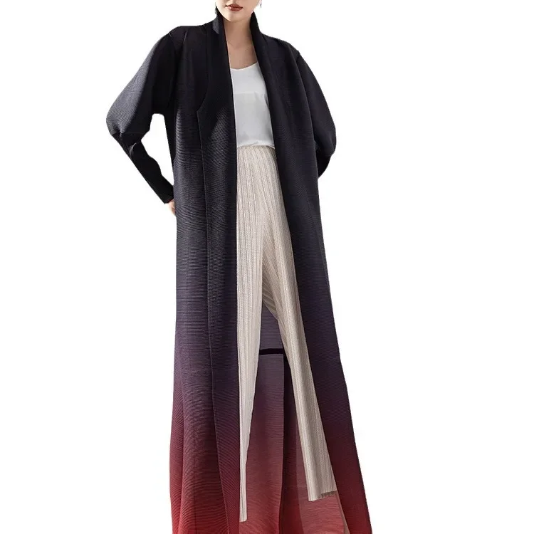 Miyake Pleated Trench Coat Women\'s High-end Fashion Temperament Loose Printing Gradual Change Color Lapel Bat Sleeve Long Coat