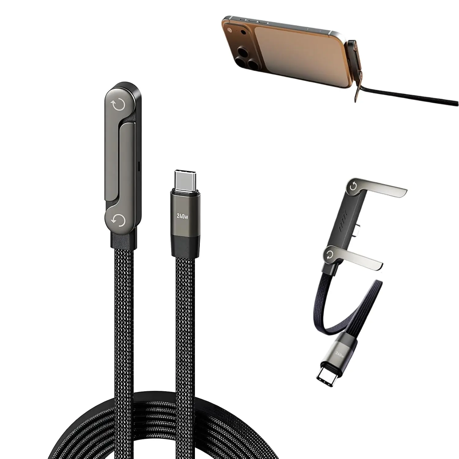 Câble de charge invisible 2-en-1 HOOWI, charge rapide USB-C 240W, 5FT |   Support invisible pliable en alliage de zinc et nylon tressé pour bureau/voyage/jeux, avec rotation à 360° °   Angle ergonomique, cordon plat anti-emmêlement