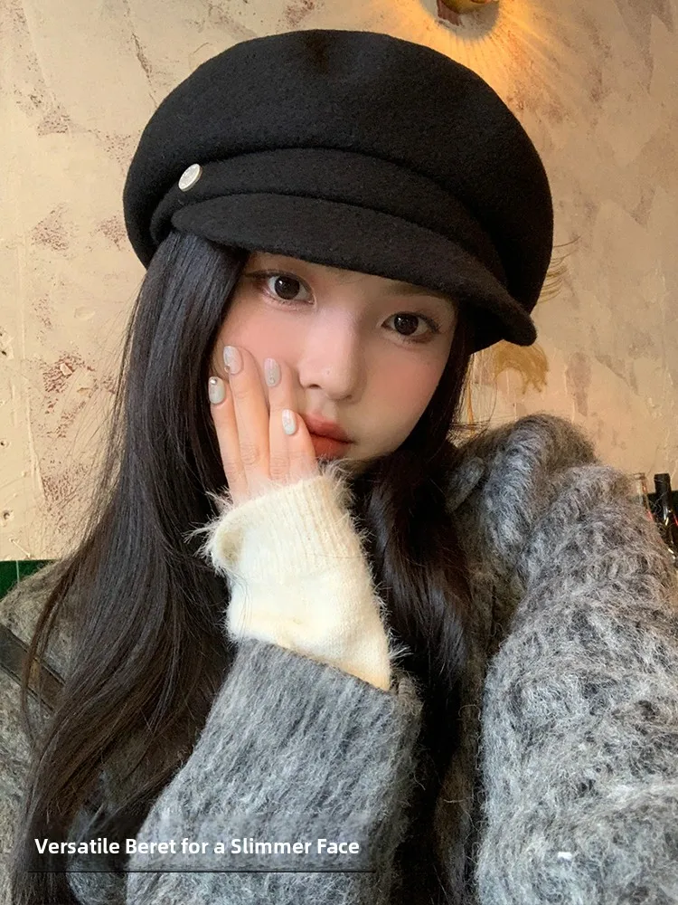 Elegant Black Wool Octagonal Beret Hat for Women Autumn Winter British Style Korean Internet Famous Bud Beret Winter Cap